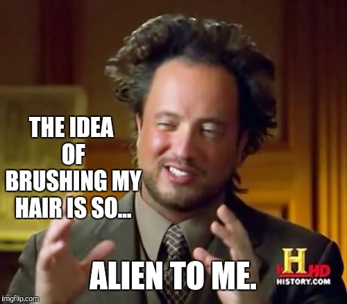 Ancient Aliens Meme | THE IDEA OF BRUSHING MY HAIR IS SO... ALIEN TO ME. | image tagged in memes,ancient aliens | made w/ Imgflip meme maker