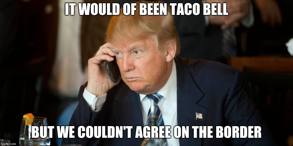 Trump at the phone 1 | IT WOULD OF BEEN TACO BELL; BUT WE COULDN'T AGREE ON THE BORDER | image tagged in trump at the phone 1 | made w/ Imgflip meme maker