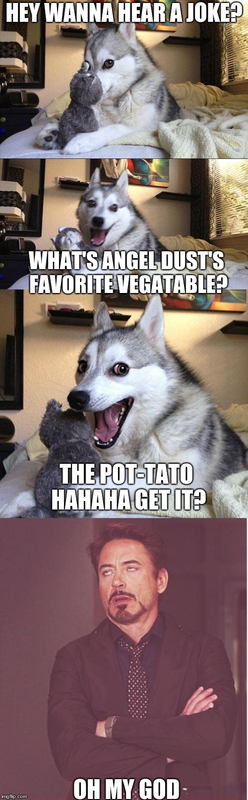 HEY WANNA HEAR A JOKE? WHAT'S ANGEL DUST'S FAVORITE VEGATABLE? THE POT-TATO HAHAHA GET IT? OH MY GOD | image tagged in memes,face you make robert downey jr,bad pun dog | made w/ Imgflip meme maker