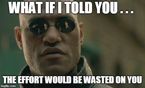 Matrix Morpheus Meme | WHAT IF I TOLD YOU . . . THE EFFORT WOULD BE WASTED ON YOU | image tagged in memes,matrix morpheus | made w/ Imgflip meme maker