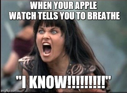 Screaming Woman |  WHEN YOUR APPLE WATCH TELLS YOU TO BREATHE; "I KNOW!!!!!!!!!" | image tagged in screaming woman | made w/ Imgflip meme maker