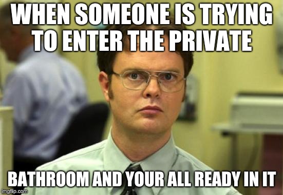 Dwight Schrute Meme | WHEN SOMEONE IS TRYING TO ENTER THE PRIVATE; BATHROOM AND YOUR ALL READY IN IT | image tagged in memes,dwight schrute | made w/ Imgflip meme maker