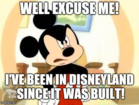 Mickey Mouse Angry | WELL EXCUSE ME! I'VE BEEN IN DISNEYLAND SINCE IT WAS BUILT! | image tagged in mickey mouse angry | made w/ Imgflip meme maker