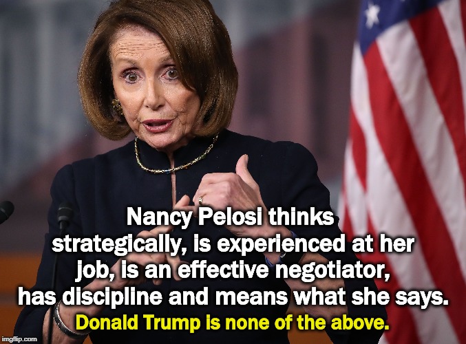 . | Nancy Pelosi thinks strategically, is experienced at her job, is an effective negotiator, has discipline and means what she says. Donald Trump is none of the above. | image tagged in donald trump,nancy pelosi,strategy,negotiator,discipline,experienced | made w/ Imgflip meme maker