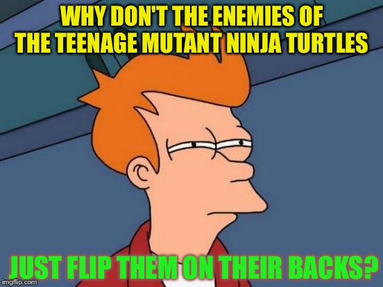 Shredder ‘shelled’ out on martial arts lessons but... | WHY DON'T THE ENEMIES OF THE TEENAGE MUTANT NINJA TURTLES; JUST FLIP THEM ON THEIR BACKS? | image tagged in memes,futurama fry,tmnt,turtles | made w/ Imgflip meme maker