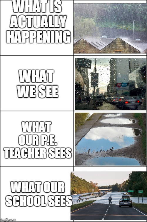 Eight panel rage comic maker | WHAT IS ACTUALLY HAPPENING; WHAT WE SEE; WHAT OUR P.E. TEACHER SEES; WHAT OUR SCHOOL SEES | image tagged in eight panel rage comic maker | made w/ Imgflip meme maker