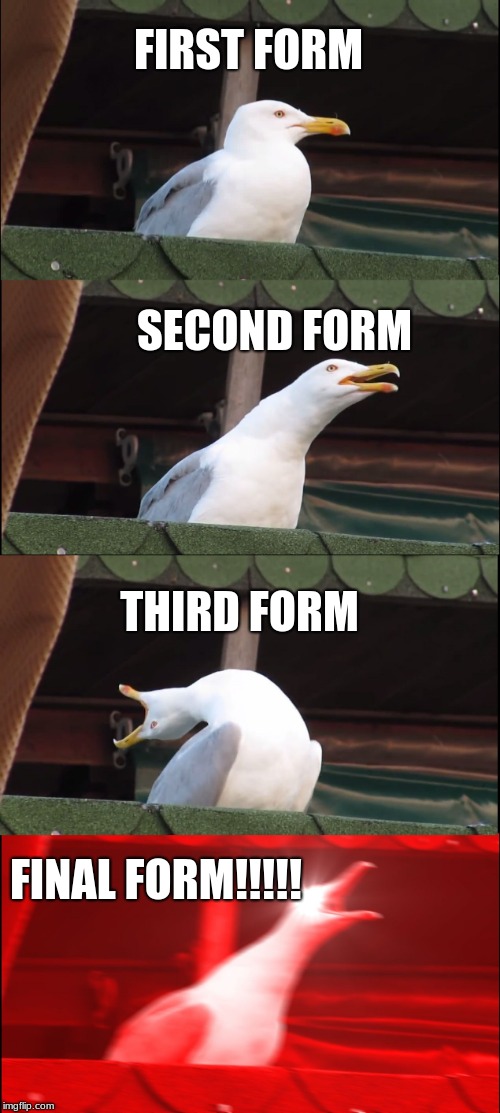 Inhaling Seagull | FIRST FORM; SECOND FORM; THIRD FORM; FINAL FORM!!!!! | image tagged in memes,inhaling seagull | made w/ Imgflip meme maker