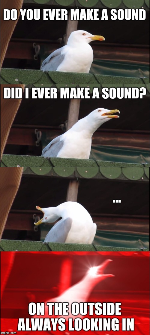 Inhaling Seagull | DO YOU EVER MAKE A SOUND; DID I EVER MAKE A SOUND? ... ON THE OUTSIDE ALWAYS LOOKING IN | image tagged in memes,inhaling seagull | made w/ Imgflip meme maker