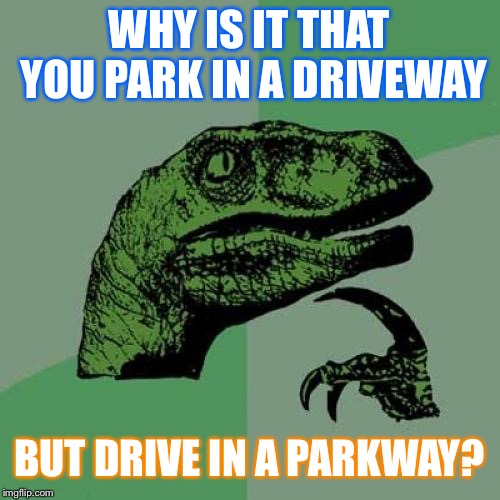 Have you ever thought of THAT? | WHY IS IT THAT YOU PARK IN A DRIVEWAY; BUT DRIVE IN A PARKWAY? | image tagged in memes,philosoraptor,funny,puns,confusing | made w/ Imgflip meme maker