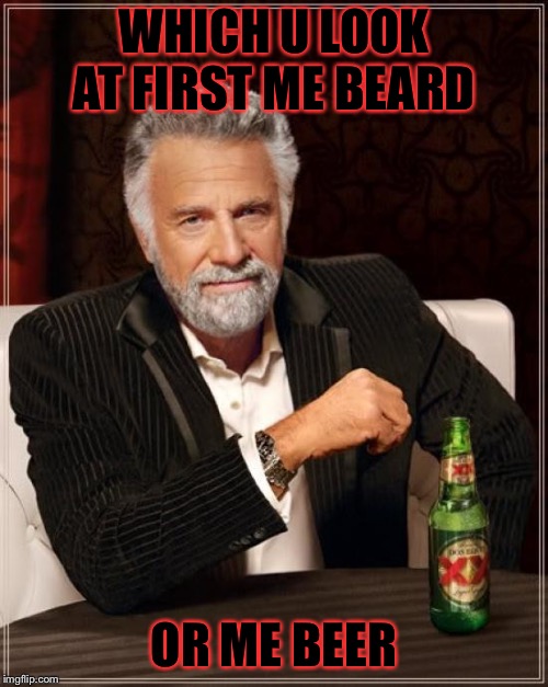 The Most Interesting Man In The World Meme | WHICH U LOOK AT FIRST ME BEARD; OR ME BEER | image tagged in memes,the most interesting man in the world | made w/ Imgflip meme maker