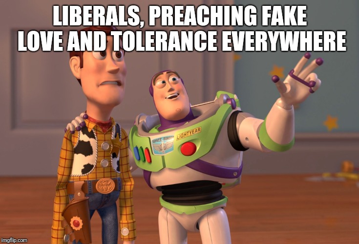 X, X Everywhere | LIBERALS, PREACHING FAKE LOVE AND TOLERANCE EVERYWHERE | image tagged in memes,x x everywhere | made w/ Imgflip meme maker