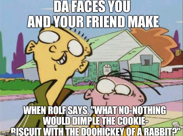 Ed Edd Eddy Case of the Ed | DA FACES YOU AND YOUR FRIEND MAKE; WHEN ROLF SAYS, "WHAT NO-NOTHING WOULD DIMPLE THE COOKIE- BISCUIT WITH THE DOOHICKEY OF A RABBIT?" | image tagged in ed edd eddy case of the ed | made w/ Imgflip meme maker