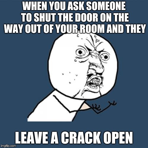 Y U No | WHEN YOU ASK SOMEONE TO SHUT THE DOOR ON THE WAY OUT OF YOUR ROOM AND THEY; LEAVE A CRACK OPEN | image tagged in memes,y u no | made w/ Imgflip meme maker