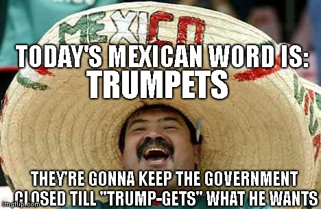 Today's Mexican Word Of The Day.. | TODAY'S MEXICAN WORD IS:; TRUMPETS; THEY'RE GONNA KEEP THE GOVERNMENT CLOSED TILL "TRUMP-GETS" WHAT HE WANTS | image tagged in mexico,trumpets,word of the day | made w/ Imgflip meme maker