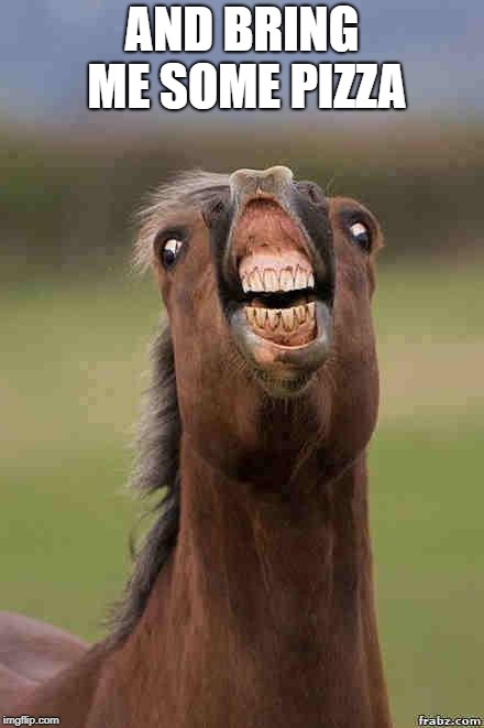 horse face | AND BRING ME SOME PIZZA | image tagged in horse face | made w/ Imgflip meme maker