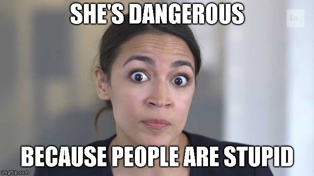 Crazy Alexandria Ocasio-Cortez | SHE'S DANGEROUS BECAUSE PEOPLE ARE STUPID | image tagged in crazy alexandria ocasio-cortez | made w/ Imgflip meme maker