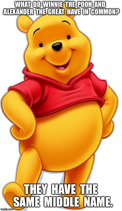 winnie the pooh | WHAT  DO  WINNIE  THE  POOH  AND  ALEXANDER  THE  GREAT  HAVE  IN  COMMON? THEY  HAVE  THE  SAME  MIDDLE  NAME. | image tagged in winnie the pooh | made w/ Imgflip meme maker