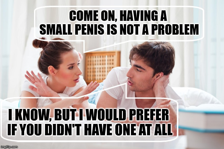 COME ON, HAVING A SMALL PENIS IS NOT A PROBLEM; I KNOW, BUT I WOULD PREFER IF YOU DIDN'T HAVE ONE AT ALL | image tagged in guy and girl | made w/ Imgflip meme maker