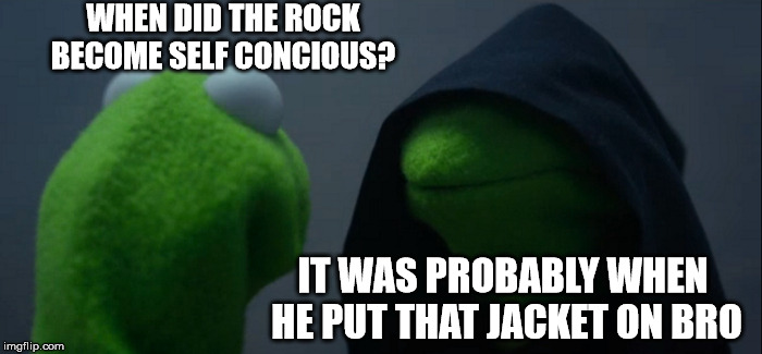 Evil Kermit Meme | WHEN DID THE ROCK BECOME SELF CONCIOUS? IT WAS PROBABLY WHEN HE PUT THAT JACKET ON BRO | image tagged in memes,evil kermit | made w/ Imgflip meme maker