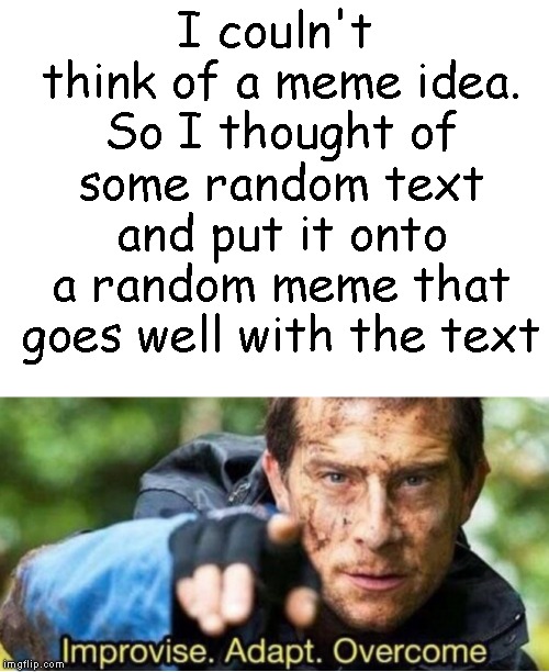 I couln't think of a meme idea. So I thought of some random text and put it onto a random meme that goes well with the text | image tagged in improvise adapt overcome | made w/ Imgflip meme maker