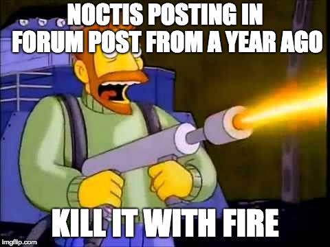 Kill it with fire | NOCTIS POSTING IN FORUM POST FROM A YEAR AGO; KILL IT WITH FIRE | image tagged in kill it with fire | made w/ Imgflip meme maker