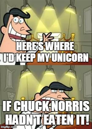 This Is Where I'd Put My Trophy If I Had One Meme | HERE'S WHERE I'D KEEP MY UNICORN IF CHUCK NORRIS HADN'T EATEN IT! | image tagged in memes,this is where i'd put my trophy if i had one | made w/ Imgflip meme maker