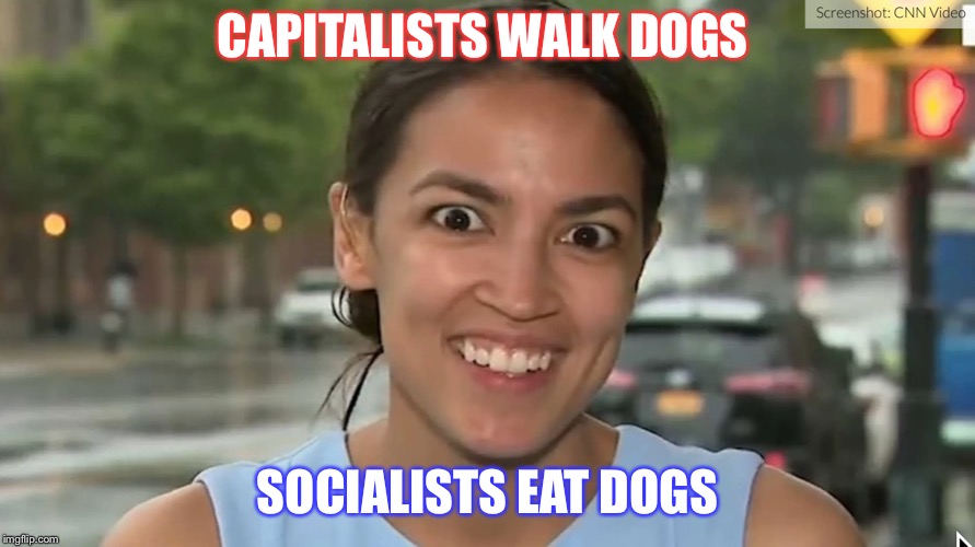Alexandria Ocasio-Cortez | CAPITALISTS WALK DOGS; SOCIALISTS EAT DOGS | image tagged in alexandria ocasio-cortez | made w/ Imgflip meme maker