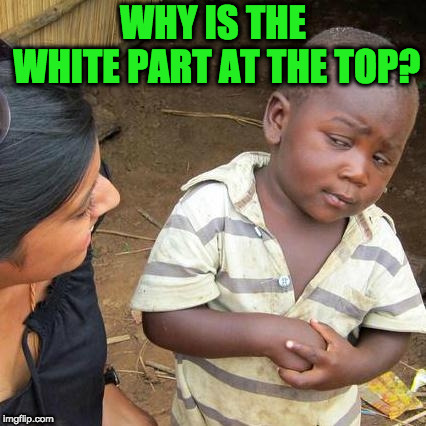 Third World Skeptical Kid Meme | WHY IS THE WHITE PART AT THE TOP? | image tagged in memes,third world skeptical kid | made w/ Imgflip meme maker