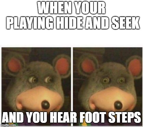 chuck e cheese rat stare | WHEN YOUR PLAYING HIDE AND SEEK; AND YOU HEAR FOOT STEPS | image tagged in chuck e cheese rat stare | made w/ Imgflip meme maker