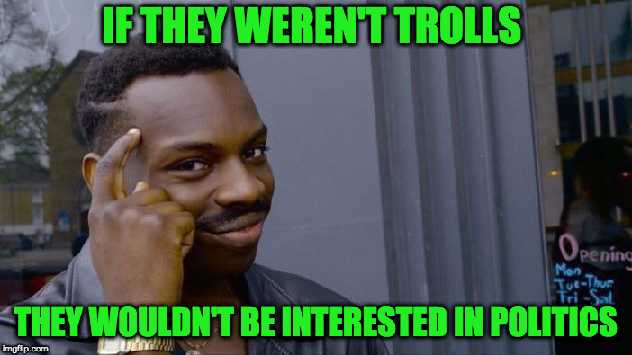 Roll Safe Think About It Meme | IF THEY WEREN'T TROLLS THEY WOULDN'T BE INTERESTED IN POLITICS | image tagged in memes,roll safe think about it | made w/ Imgflip meme maker