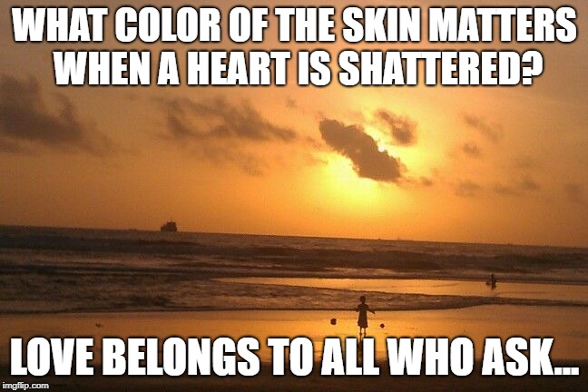 WHAT COLOR OF THE SKIN
MATTERS WHEN A HEART IS SHATTERED? LOVE BELONGS TO ALL WHO ASK... | made w/ Imgflip meme maker