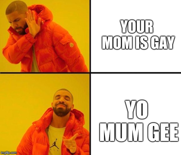 drake meme | YOUR MOM IS GAY; YO MUM GEE | image tagged in drake meme | made w/ Imgflip meme maker