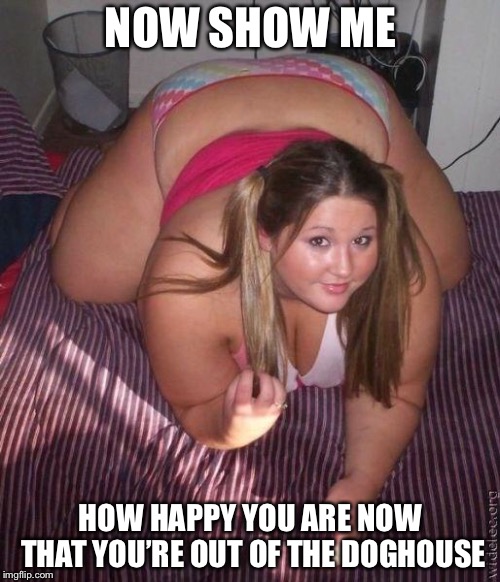 When fat girls said being curvy is cool | NOW SHOW ME HOW HAPPY YOU ARE NOW THAT YOU’RE OUT OF THE DOGHOUSE | image tagged in when fat girls said being curvy is cool | made w/ Imgflip meme maker