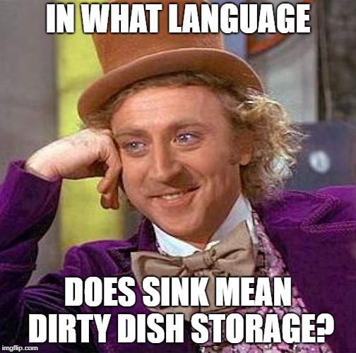 Creepy Condescending Wonka Meme | IN WHAT LANGUAGE; DOES SINK MEAN DIRTY DISH STORAGE? | image tagged in memes,creepy condescending wonka | made w/ Imgflip meme maker