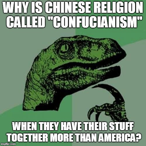 Philosoraptor Meme | WHY IS CHINESE RELIGION CALLED "CONFUCIANISM"; WHEN THEY HAVE THEIR STUFF TOGETHER MORE THAN AMERICA? | image tagged in memes,philosoraptor | made w/ Imgflip meme maker