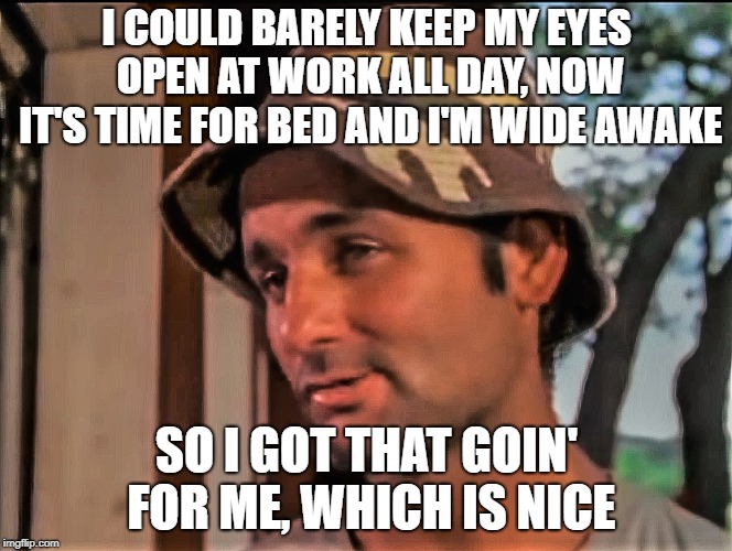 I COULD BARELY KEEP MY EYES OPEN AT WORK ALL DAY, NOW IT'S TIME FOR BED AND I'M WIDE AWAKE; SO I GOT THAT GOIN' FOR ME, WHICH IS NICE | image tagged in gunga galunga,memes,bill murray golf,caddyshack,dalai lama,carl | made w/ Imgflip meme maker