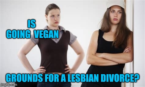 Do vegans eat.... | IS GOING 
VEGAN; GROUNDS FOR A LESBIAN DIVORCE? | image tagged in lesbian divorce | made w/ Imgflip meme maker