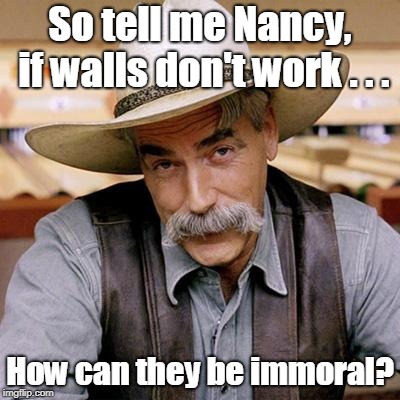 How are walls immoral if they don't work? | So tell me Nancy, if walls don't work . . . How can they be immoral? | image tagged in sarcasm cowboy,nancy pelosi,build a wall | made w/ Imgflip meme maker