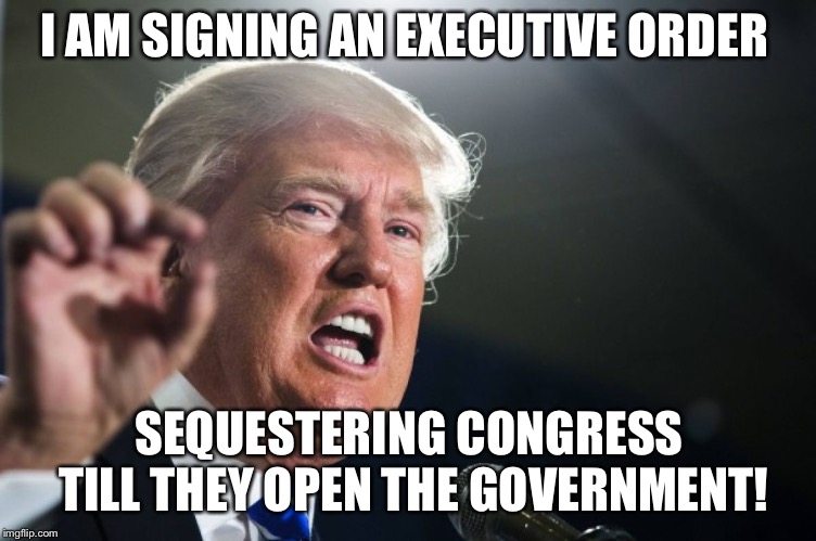 donald trump | I AM SIGNING AN EXECUTIVE ORDER; SEQUESTERING CONGRESS TILL THEY OPEN THE GOVERNMENT! | image tagged in donald trump | made w/ Imgflip meme maker