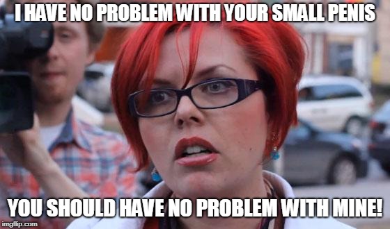 Angry Feminist | I HAVE NO PROBLEM WITH YOUR SMALL P**IS YOU SHOULD HAVE NO PROBLEM WITH MINE! | image tagged in angry feminist | made w/ Imgflip meme maker