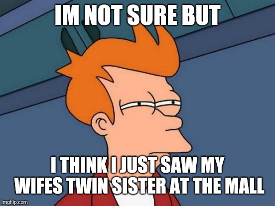 Futurama Fry Meme | IM NOT SURE BUT; I THINK I JUST SAW MY WIFES TWIN SISTER AT THE MALL | image tagged in memes,futurama fry | made w/ Imgflip meme maker