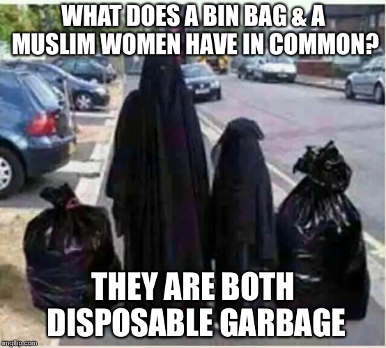 Muslim Child Abuse | WHAT DOES A BIN BAG & A MUSLIM WOMEN HAVE IN COMMON? THEY ARE BOTH DISPOSABLE GARBAGE | image tagged in muslim child abuse | made w/ Imgflip meme maker