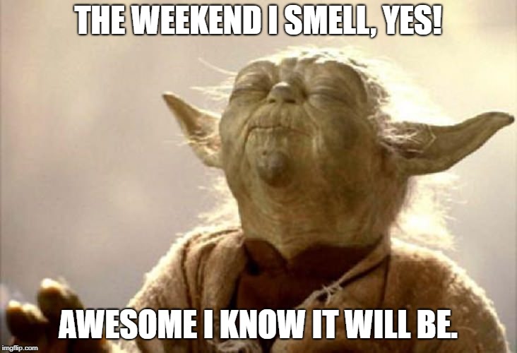 SMELLING YODA | THE WEEKEND I SMELL, YES! AWESOME I KNOW IT WILL BE. | image tagged in smelling yoda | made w/ Imgflip meme maker