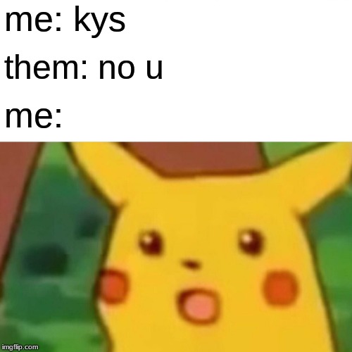 Surprised Pikachu Meme | me: kys; them: no u; me: | image tagged in memes,surprised pikachu | made w/ Imgflip meme maker