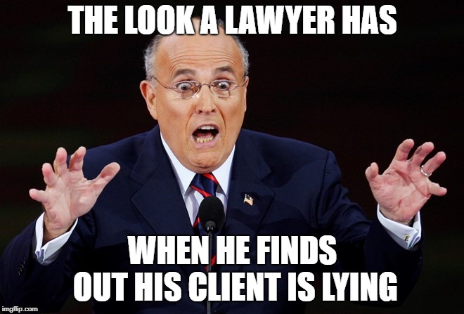 Rudy Giuliani surprised | THE LOOK A LAWYER HAS; WHEN HE FINDS OUT HIS CLIENT IS LYING | image tagged in rudy giuliani surprised | made w/ Imgflip meme maker