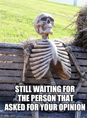 Waiting Skeleton | STILL WAITING FOR THE PERSON THAT ASKED FOR YOUR OPINION | image tagged in memes,waiting skeleton | made w/ Imgflip meme maker