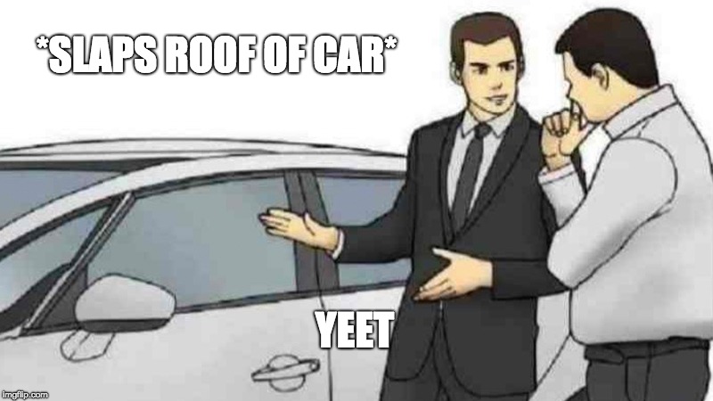 Car Salesman Slaps Roof Of Car Meme | *SLAPS ROOF OF CAR*; YEET | image tagged in memes,car salesman slaps roof of car | made w/ Imgflip meme maker