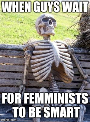 Waiting Skeleton | WHEN GUYS WAIT; FOR FEMMINISTS TO BE SMART | image tagged in memes,waiting skeleton | made w/ Imgflip meme maker