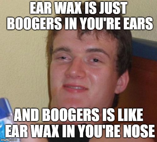 yuppers | EAR WAX IS JUST BOOGERS IN YOU'RE EARS; AND BOOGERS IS LIKE EAR WAX IN YOU'RE NOSE | image tagged in memes,10 guy | made w/ Imgflip meme maker