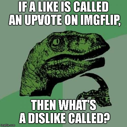 Seriously, what is it called? | IF A LIKE IS CALLED AN UPVOTE ON IMGFLIP, THEN WHAT'S A DISLIKE CALLED? | image tagged in memes,philosoraptor,seriously what is it called,upvote,dislike,like | made w/ Imgflip meme maker